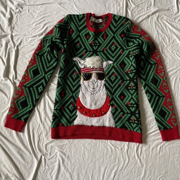 Ugly Christmas Sweater With Llama Wearing Sunglasses & Bells Red Green Black Acr - Picture 1 of 9
